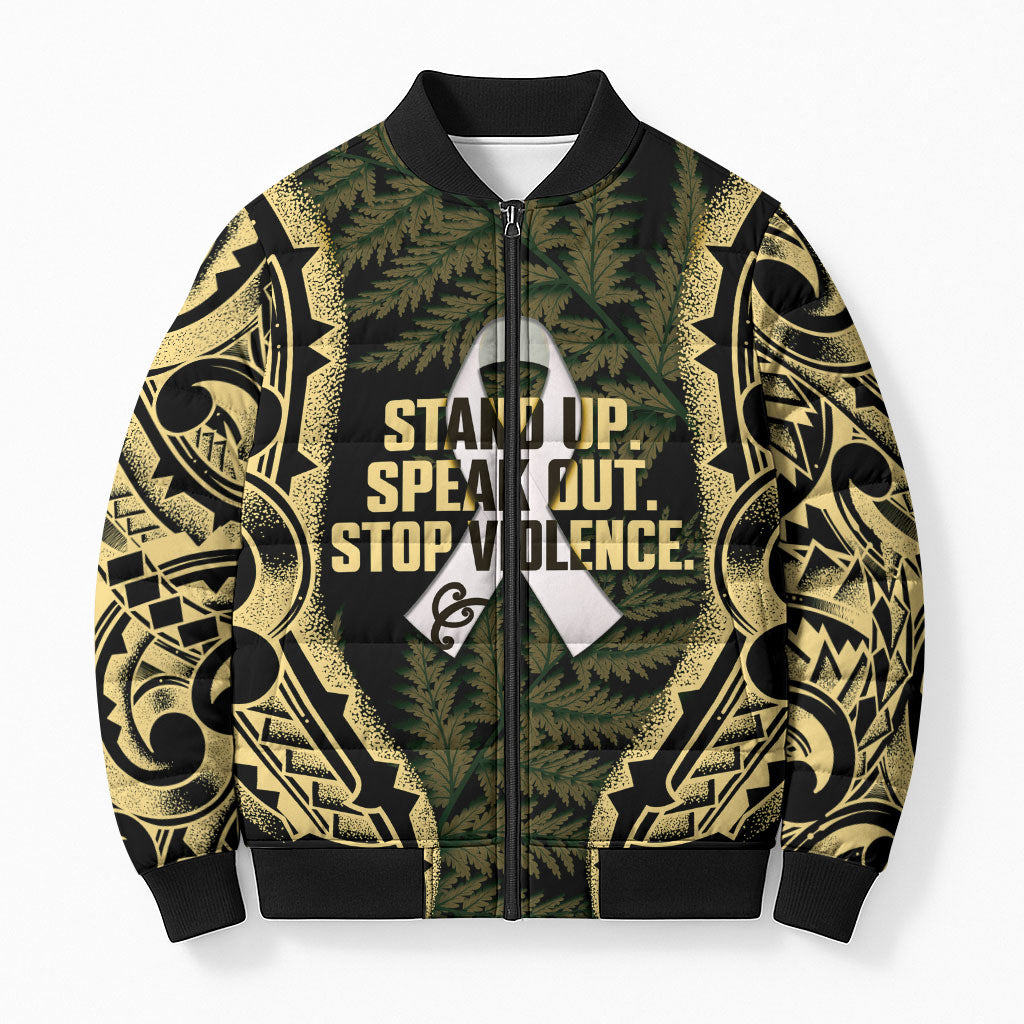 White Ribbon Day New Zealand Bomber Puffer Jacket Respect Women Maori Pattern Yellow