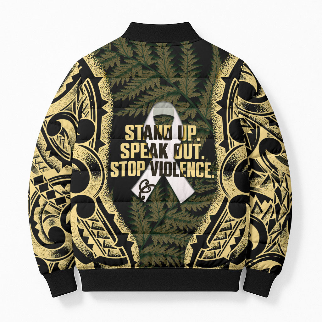 White Ribbon Day New Zealand Bomber Puffer Jacket Respect Women Maori Pattern Yellow