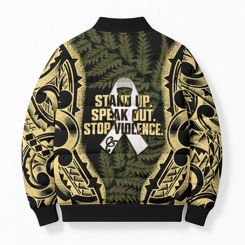 White Ribbon Day New Zealand Bomber Puffer Jacket Respect Women Maori Pattern Yellow