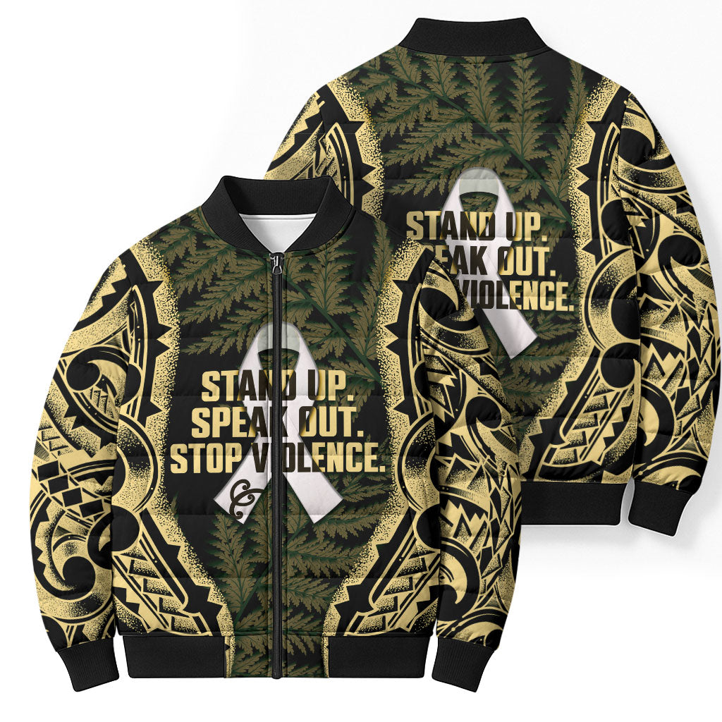 White Ribbon Day New Zealand Bomber Puffer Jacket Respect Women Maori Pattern Yellow