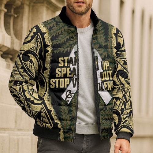 White Ribbon Day New Zealand Bomber Puffer Jacket Respect Women Maori Pattern Yellow