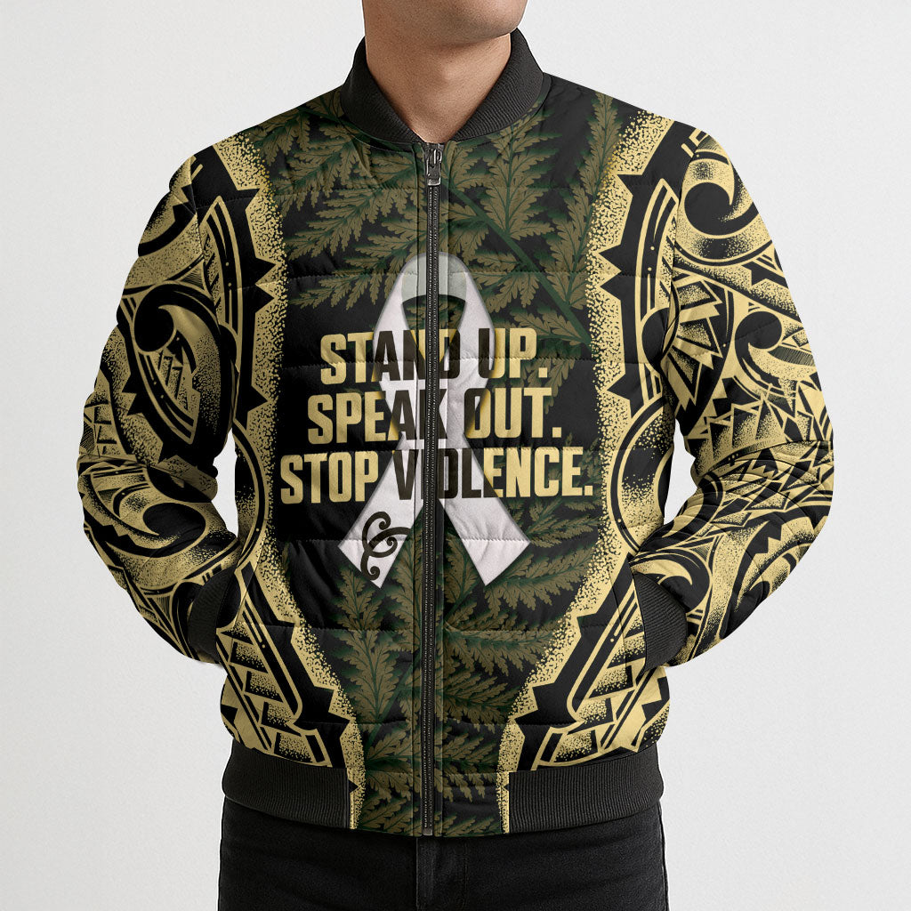 White Ribbon Day New Zealand Bomber Puffer Jacket Respect Women Maori Pattern Yellow
