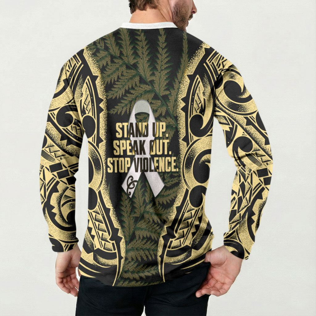 White Ribbon Day New Zealand Button Sweatshirt Respect Women Maori Pattern Yellow