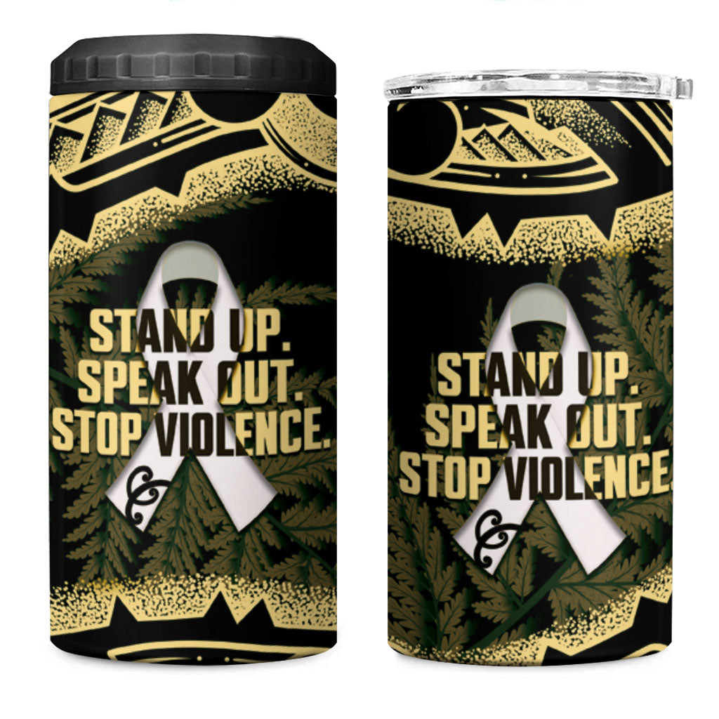 White Ribbon Day New Zealand 4 in 1 Can Cooler Tumbler Respect Women Maori Pattern Yellow