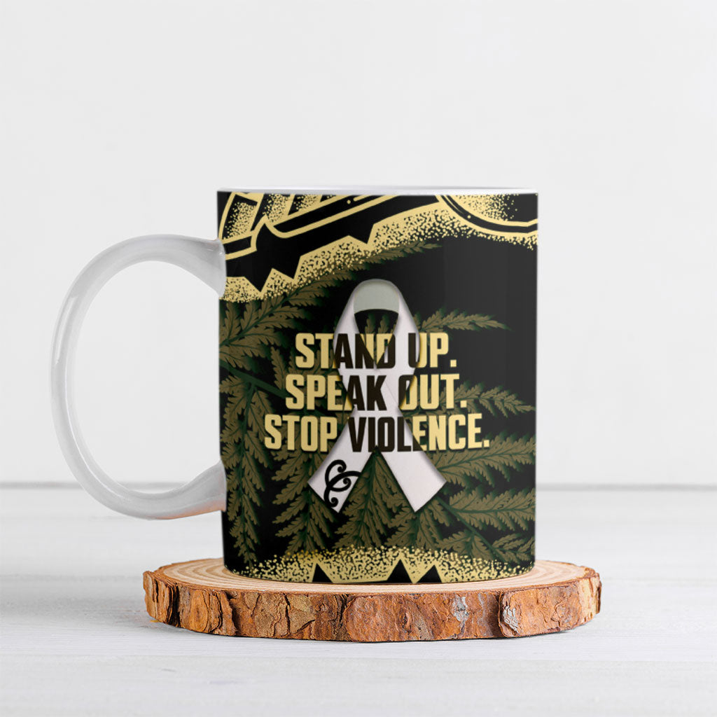White Ribbon Day New Zealand Ceramic Mug Respect Women Maori Pattern Yellow