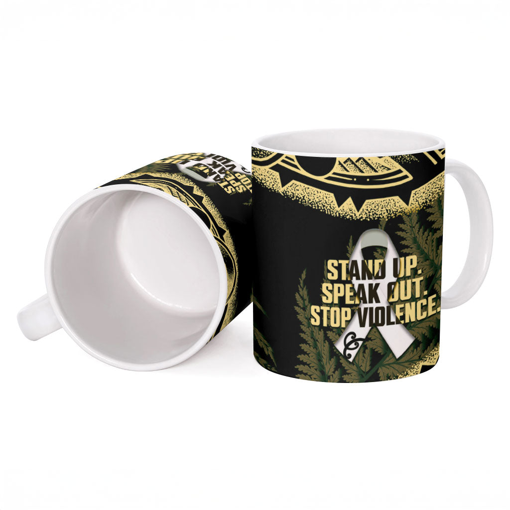 White Ribbon Day New Zealand Ceramic Mug Respect Women Maori Pattern Yellow