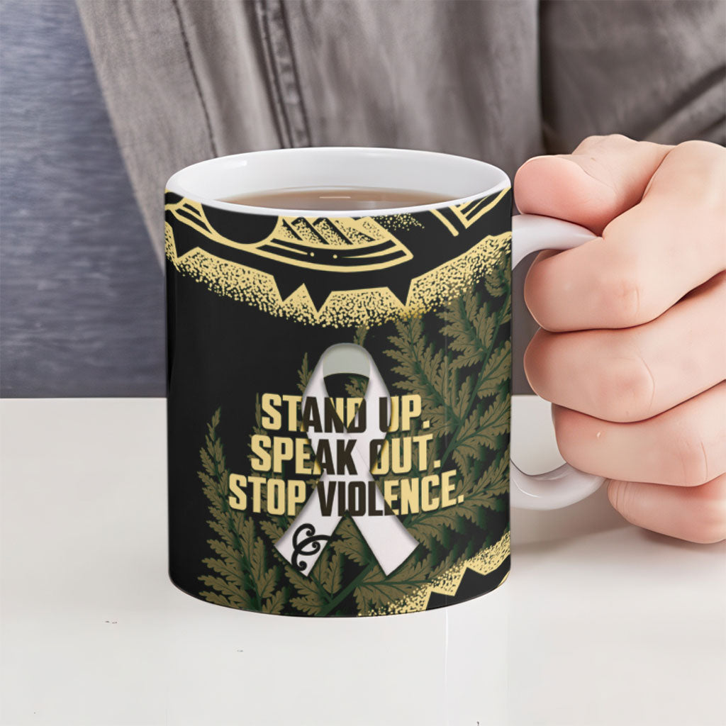 White Ribbon Day New Zealand Ceramic Mug Respect Women Maori Pattern Yellow