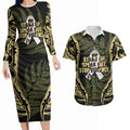 White Ribbon Day New Zealand Couples Matching Long Sleeve Bodycon Dress and Hawaiian Shirt Respect Women Maori Pattern Yellow