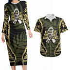 White Ribbon Day New Zealand Couples Matching Long Sleeve Bodycon Dress and Hawaiian Shirt Respect Women Maori Pattern Yellow