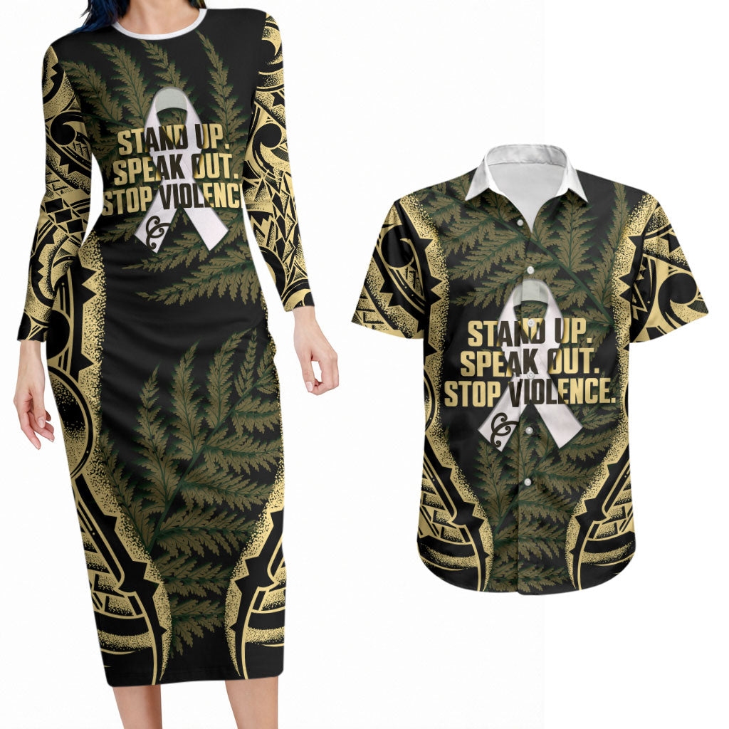 White Ribbon Day New Zealand Couples Matching Long Sleeve Bodycon Dress and Hawaiian Shirt Respect Women Maori Pattern Yellow