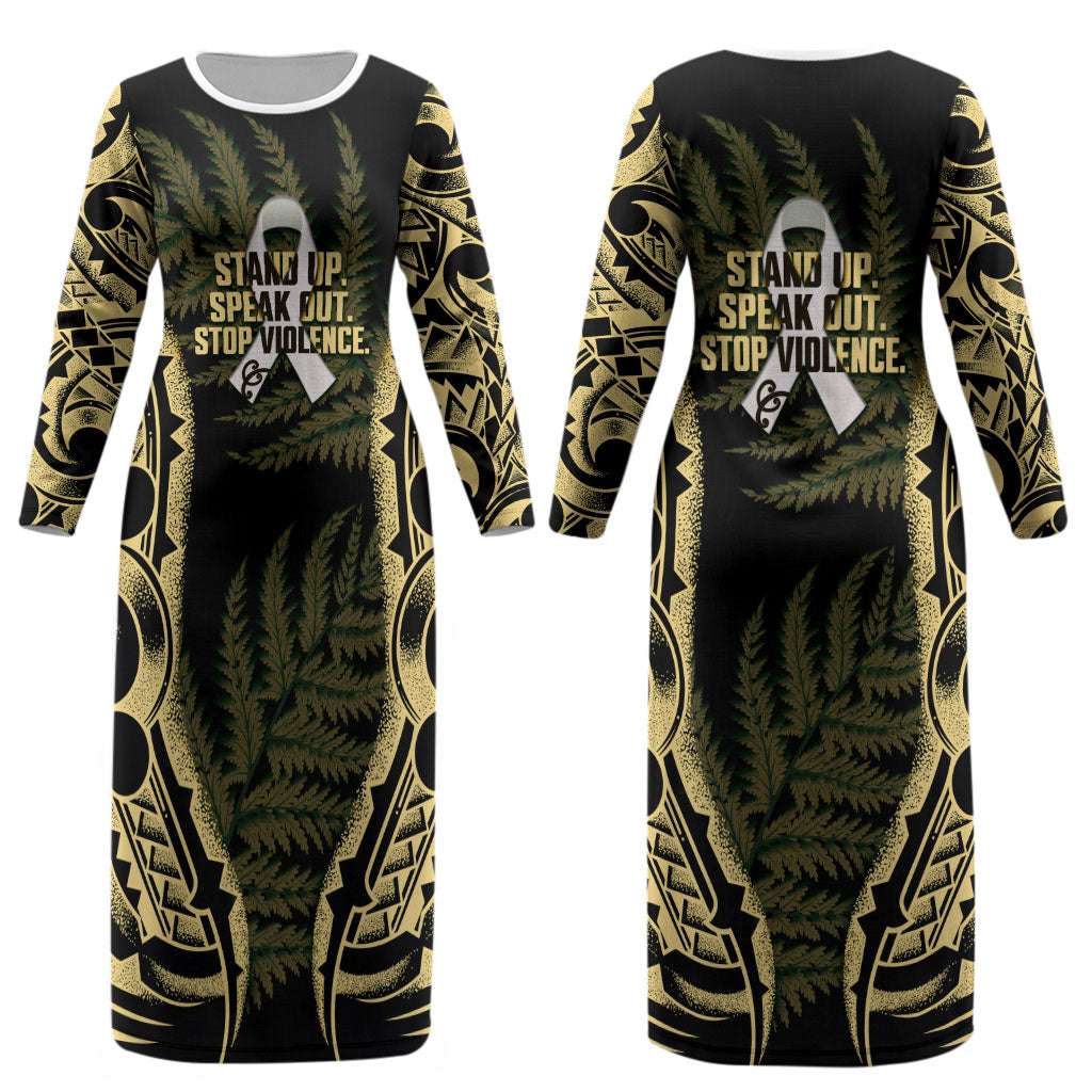 White Ribbon Day New Zealand Couples Matching Long Sleeve Bodycon Dress and Hawaiian Shirt Respect Women Maori Pattern Yellow