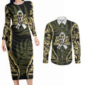 White Ribbon Day New Zealand Couples Matching Long Sleeve Bodycon Dress and Long Sleeve Button Shirt Respect Women Maori Pattern Yellow