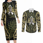 White Ribbon Day New Zealand Couples Matching Long Sleeve Bodycon Dress and Long Sleeve Button Shirt Respect Women Maori Pattern Yellow