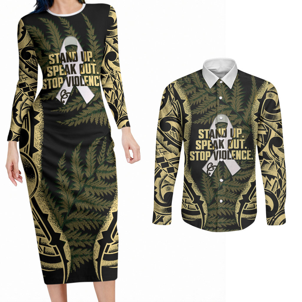 White Ribbon Day New Zealand Couples Matching Long Sleeve Bodycon Dress and Long Sleeve Button Shirt Respect Women Maori Pattern Yellow