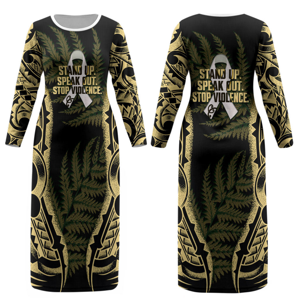 White Ribbon Day New Zealand Couples Matching Long Sleeve Bodycon Dress and Long Sleeve Button Shirt Respect Women Maori Pattern Yellow