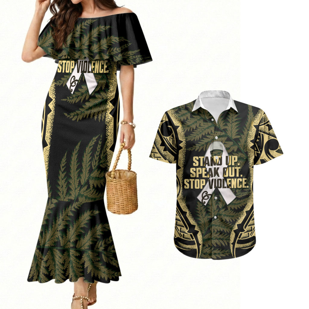 White Ribbon Day New Zealand Couples Matching Mermaid Dress and Hawaiian Shirt Respect Women Maori Pattern Yellow