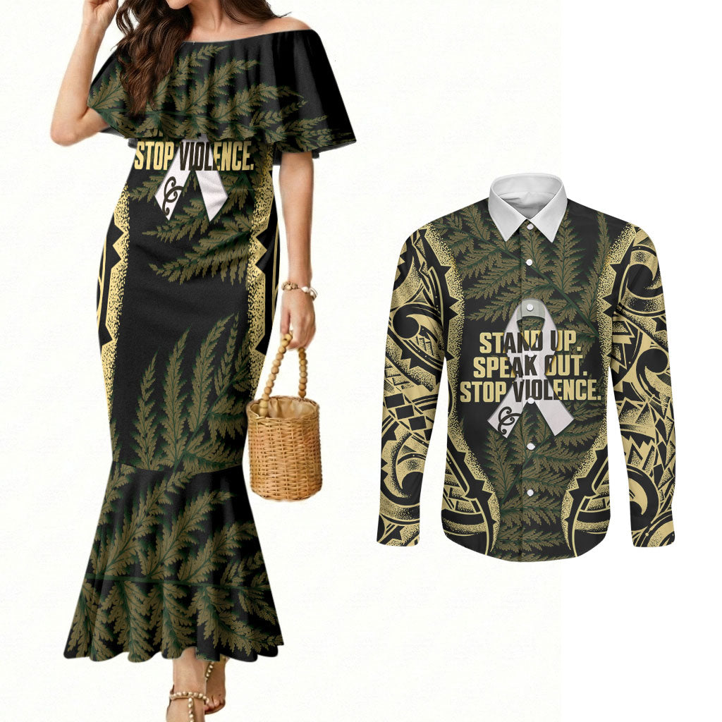 White Ribbon Day New Zealand Couples Matching Mermaid Dress and Long Sleeve Button Shirt Respect Women Maori Pattern Yellow