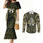 White Ribbon Day New Zealand Couples Matching Mermaid Dress and Long Sleeve Button Shirt Respect Women Maori Pattern Yellow