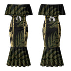 White Ribbon Day New Zealand Couples Matching Mermaid Dress and Long Sleeve Button Shirt Respect Women Maori Pattern Yellow