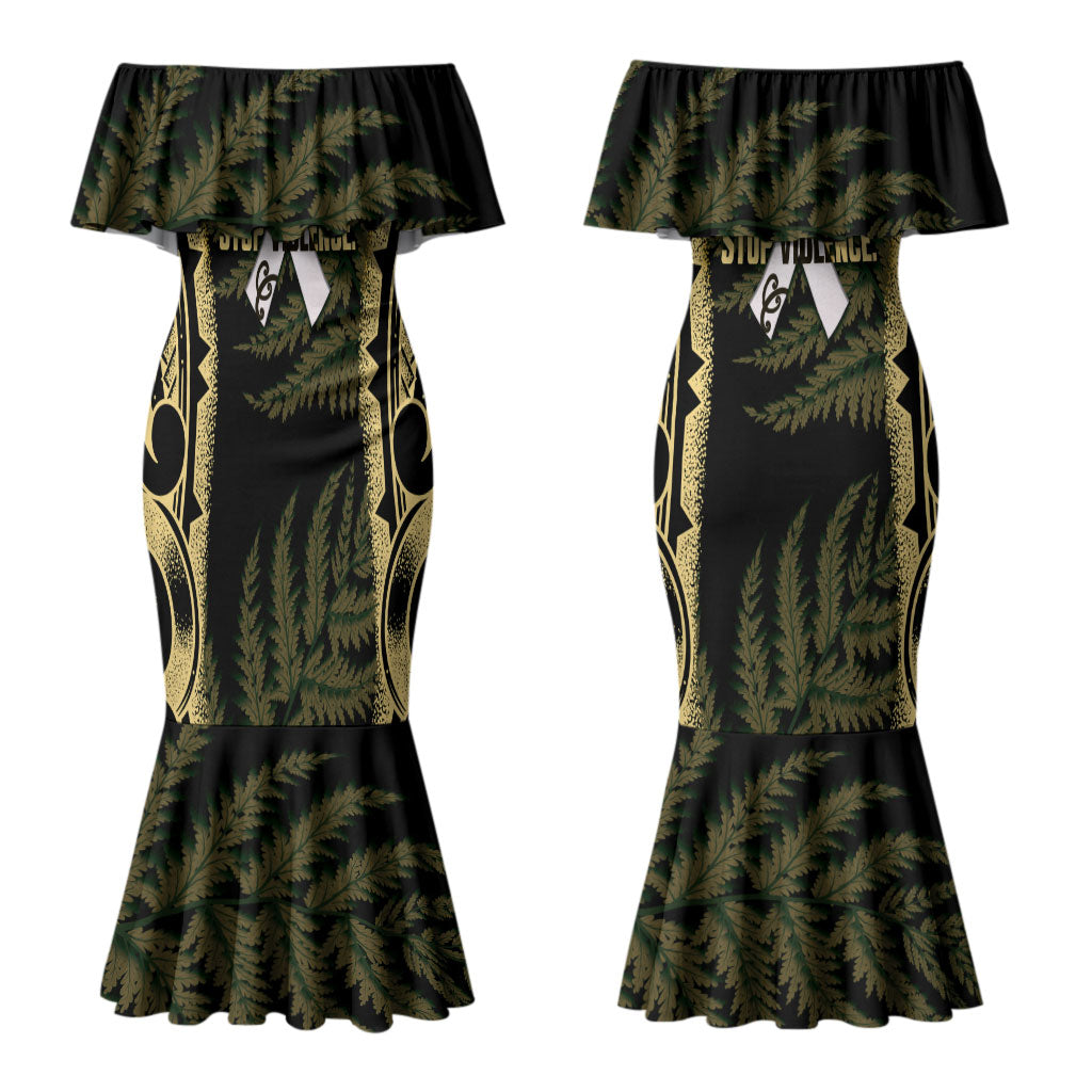 White Ribbon Day New Zealand Couples Matching Mermaid Dress and Long Sleeve Button Shirt Respect Women Maori Pattern Yellow