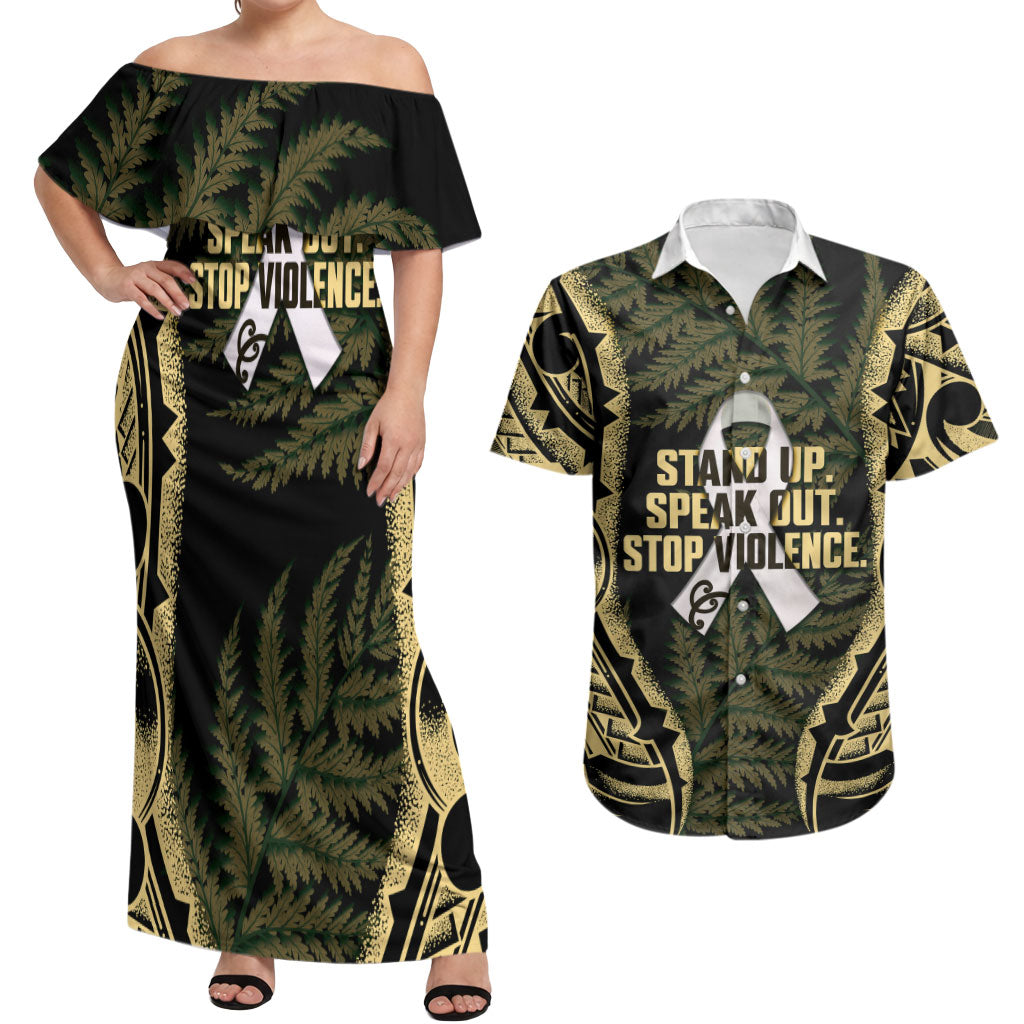 White Ribbon Day New Zealand Couples Matching Off Shoulder Maxi Dress and Hawaiian Shirt Respect Women Maori Pattern Yellow