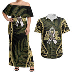 White Ribbon Day New Zealand Couples Matching Off Shoulder Maxi Dress and Hawaiian Shirt Respect Women Maori Pattern Yellow