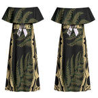 White Ribbon Day New Zealand Couples Matching Off Shoulder Maxi Dress and Hawaiian Shirt Respect Women Maori Pattern Yellow