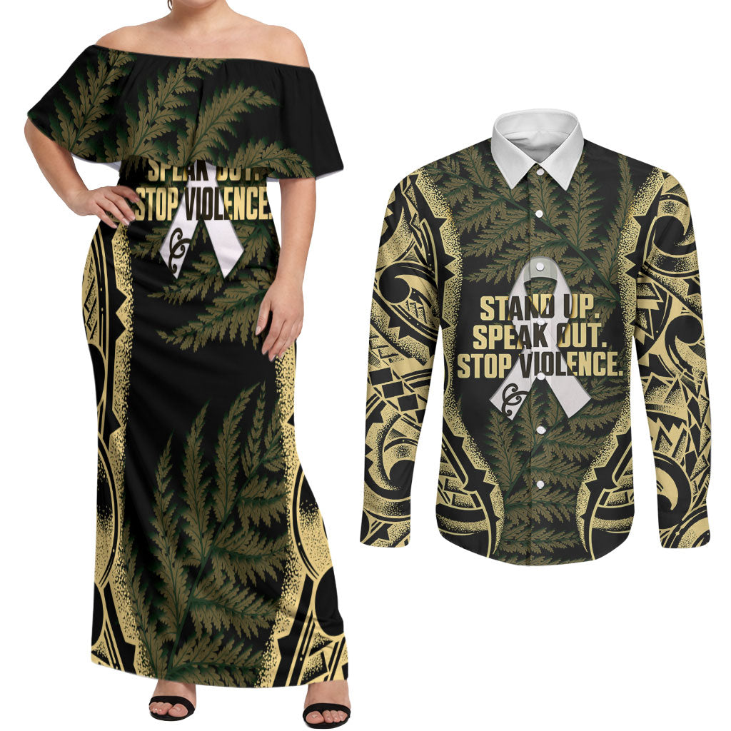 White Ribbon Day New Zealand Couples Matching Off Shoulder Maxi Dress and Long Sleeve Button Shirt Respect Women Maori Pattern Yellow