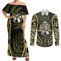 White Ribbon Day New Zealand Couples Matching Off Shoulder Maxi Dress and Long Sleeve Button Shirt Respect Women Maori Pattern Yellow