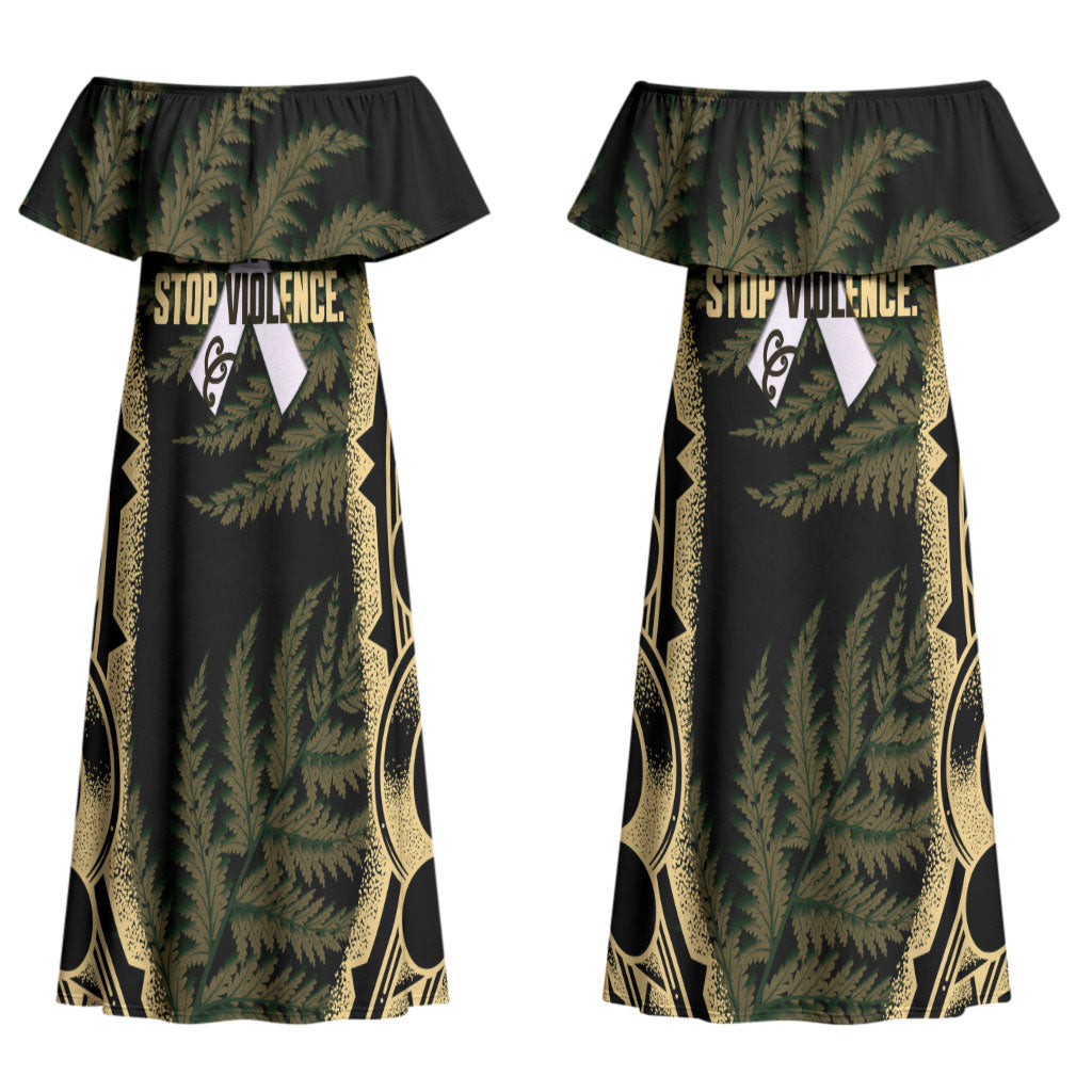 White Ribbon Day New Zealand Couples Matching Off Shoulder Maxi Dress and Long Sleeve Button Shirt Respect Women Maori Pattern Yellow