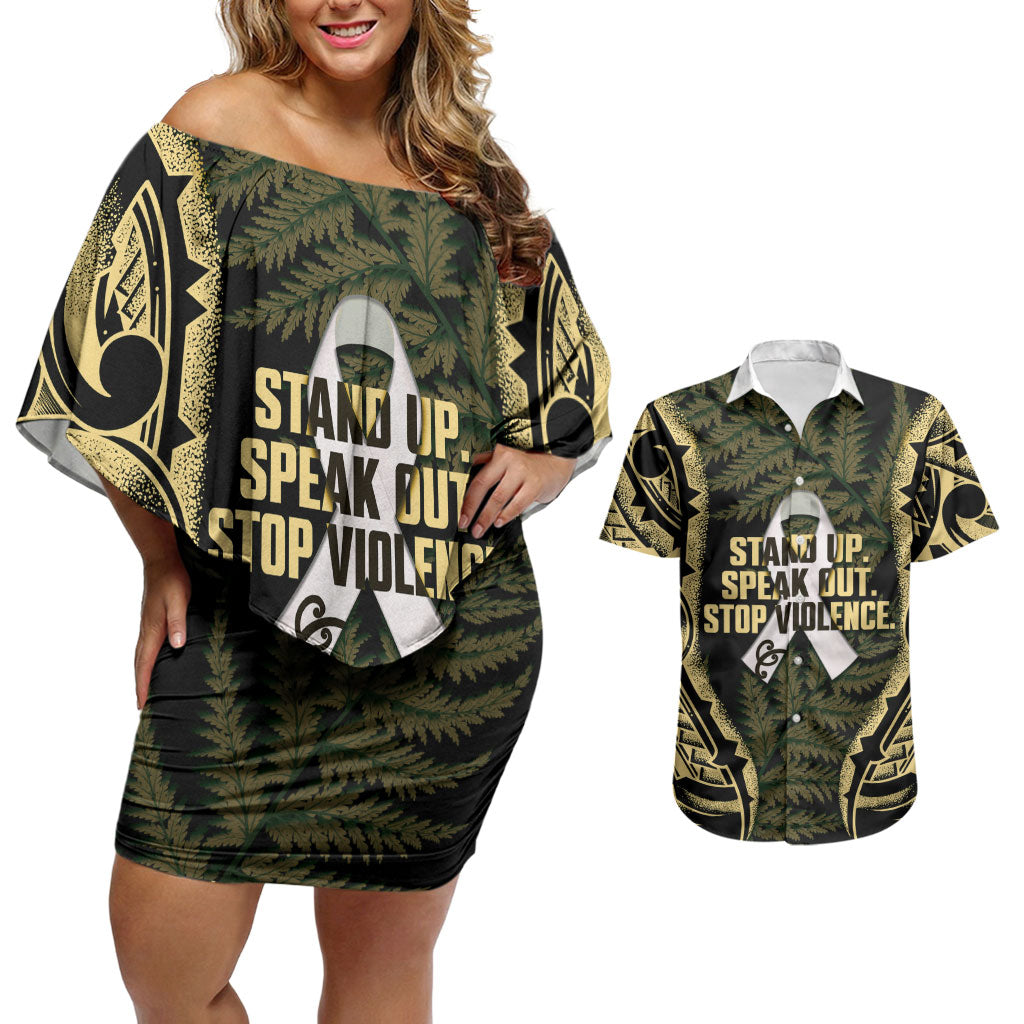 White Ribbon Day New Zealand Couples Matching Off Shoulder Short Dress and Hawaiian Shirt Respect Women Maori Pattern Yellow