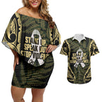 White Ribbon Day New Zealand Couples Matching Off Shoulder Short Dress and Hawaiian Shirt Respect Women Maori Pattern Yellow