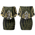 White Ribbon Day New Zealand Couples Matching Off Shoulder Short Dress and Hawaiian Shirt Respect Women Maori Pattern Yellow