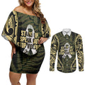 White Ribbon Day New Zealand Couples Matching Off Shoulder Short Dress and Long Sleeve Button Shirt Respect Women Maori Pattern Yellow