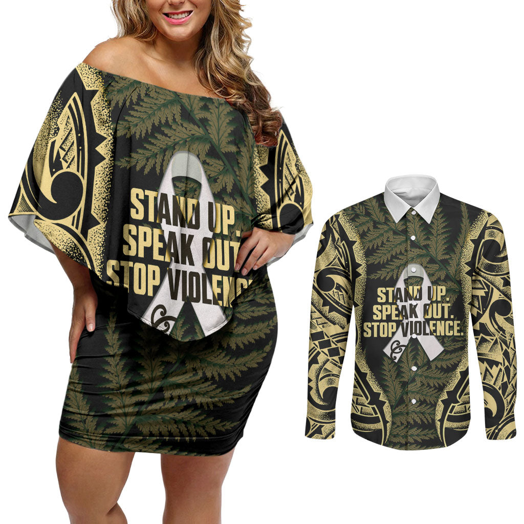 White Ribbon Day New Zealand Couples Matching Off Shoulder Short Dress and Long Sleeve Button Shirt Respect Women Maori Pattern Yellow