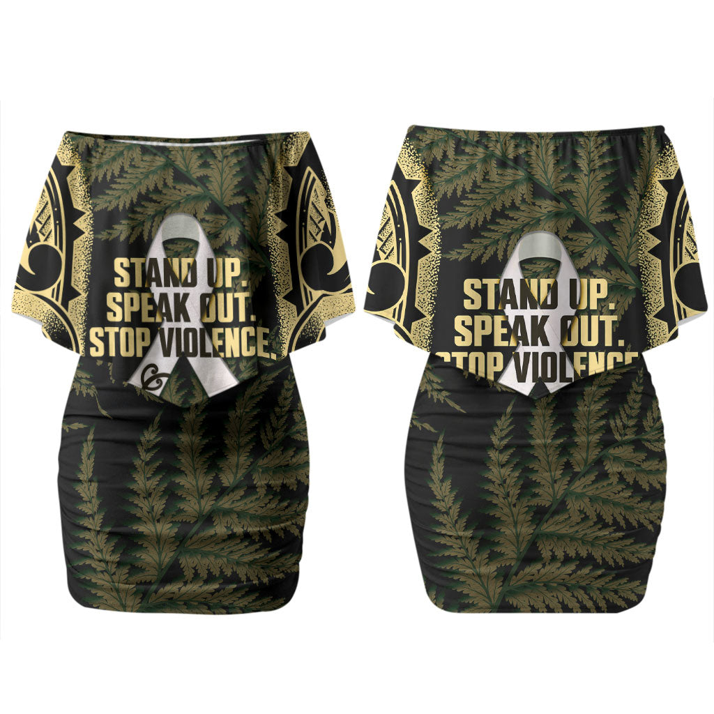 White Ribbon Day New Zealand Couples Matching Off Shoulder Short Dress and Long Sleeve Button Shirt Respect Women Maori Pattern Yellow