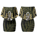 White Ribbon Day New Zealand Couples Matching Off Shoulder Short Dress and Long Sleeve Button Shirt Respect Women Maori Pattern Yellow