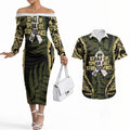 White Ribbon Day New Zealand Couples Matching Off The Shoulder Long Sleeve Dress and Hawaiian Shirt Respect Women Maori Pattern Yellow