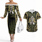 White Ribbon Day New Zealand Couples Matching Off The Shoulder Long Sleeve Dress and Hawaiian Shirt Respect Women Maori Pattern Yellow