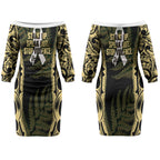 White Ribbon Day New Zealand Couples Matching Off The Shoulder Long Sleeve Dress and Hawaiian Shirt Respect Women Maori Pattern Yellow