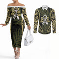 White Ribbon Day New Zealand Couples Matching Off The Shoulder Long Sleeve Dress and Long Sleeve Button Shirt Respect Women Maori Pattern Yellow