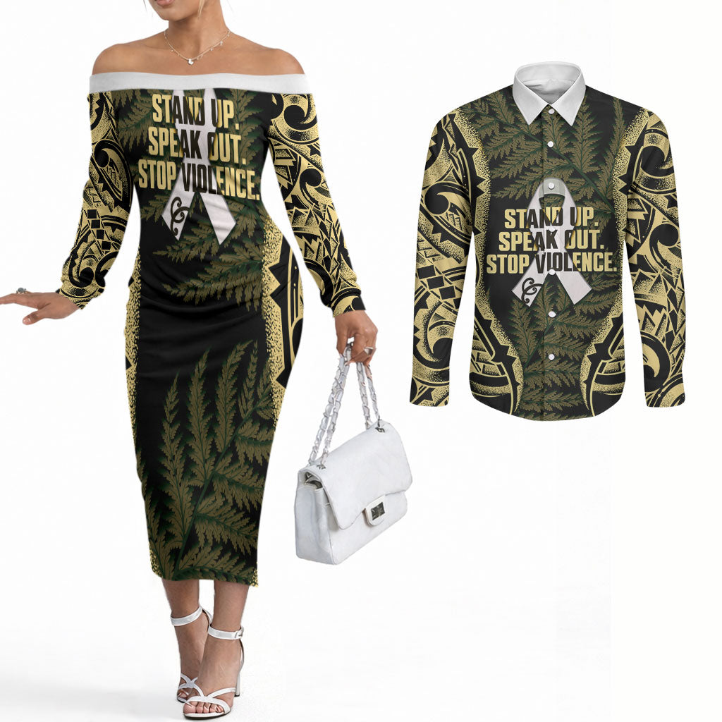 White Ribbon Day New Zealand Couples Matching Off The Shoulder Long Sleeve Dress and Long Sleeve Button Shirt Respect Women Maori Pattern Yellow