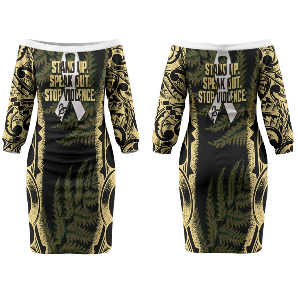 White Ribbon Day New Zealand Couples Matching Off The Shoulder Long Sleeve Dress and Long Sleeve Button Shirt Respect Women Maori Pattern Yellow