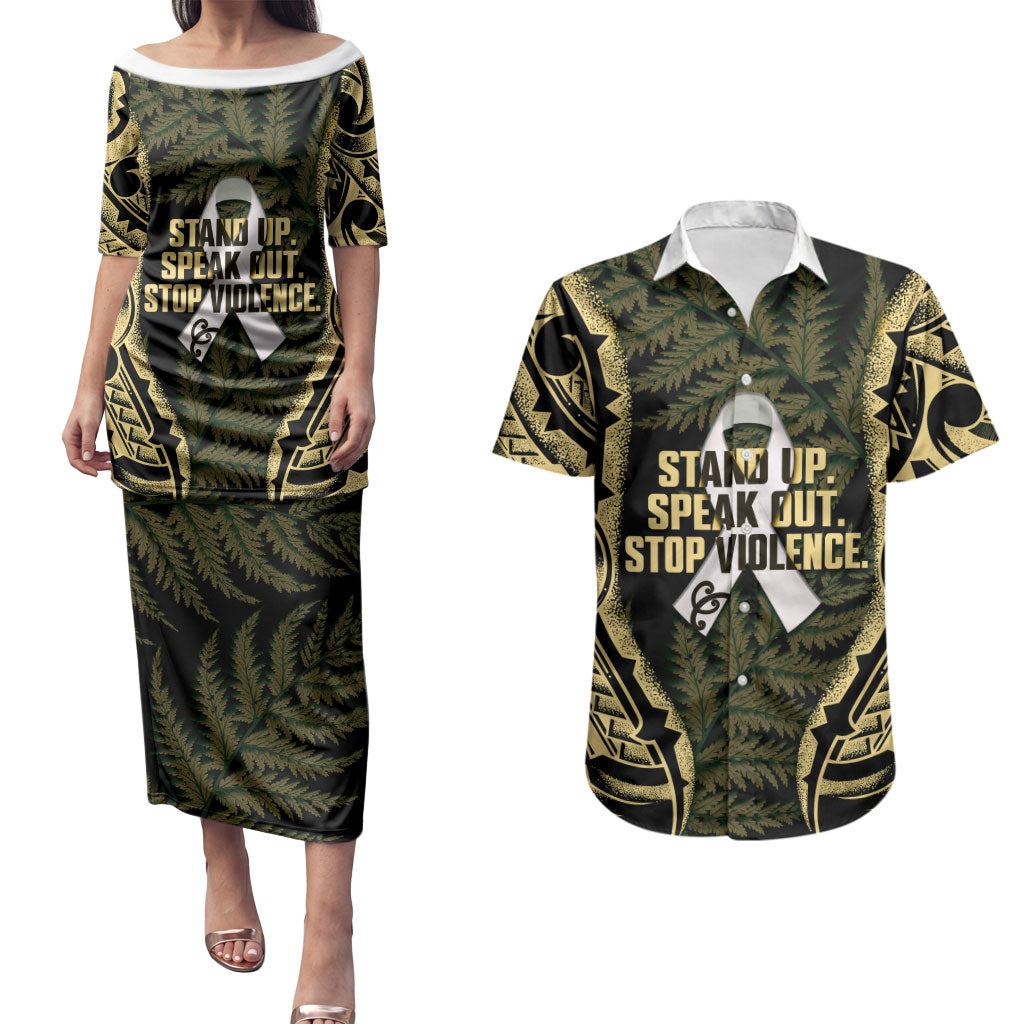 White Ribbon Day New Zealand Couples Matching Puletasi and Hawaiian Shirt Respect Women Maori Pattern Yellow