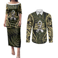White Ribbon Day New Zealand Couples Matching Puletasi and Long Sleeve Button Shirt Respect Women Maori Pattern Yellow