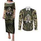 White Ribbon Day New Zealand Couples Matching Puletasi and Long Sleeve Button Shirt Respect Women Maori Pattern Yellow