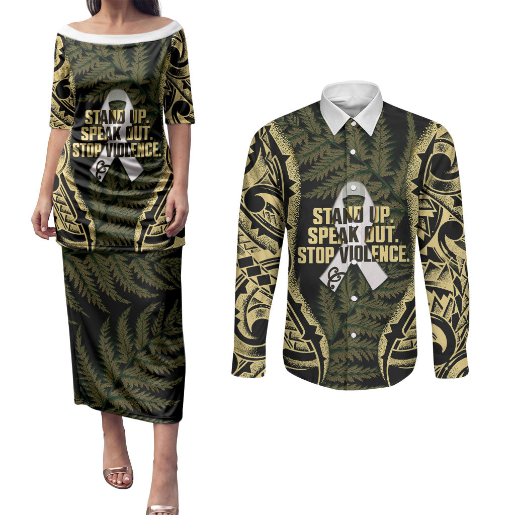 White Ribbon Day New Zealand Couples Matching Puletasi and Long Sleeve Button Shirt Respect Women Maori Pattern Yellow