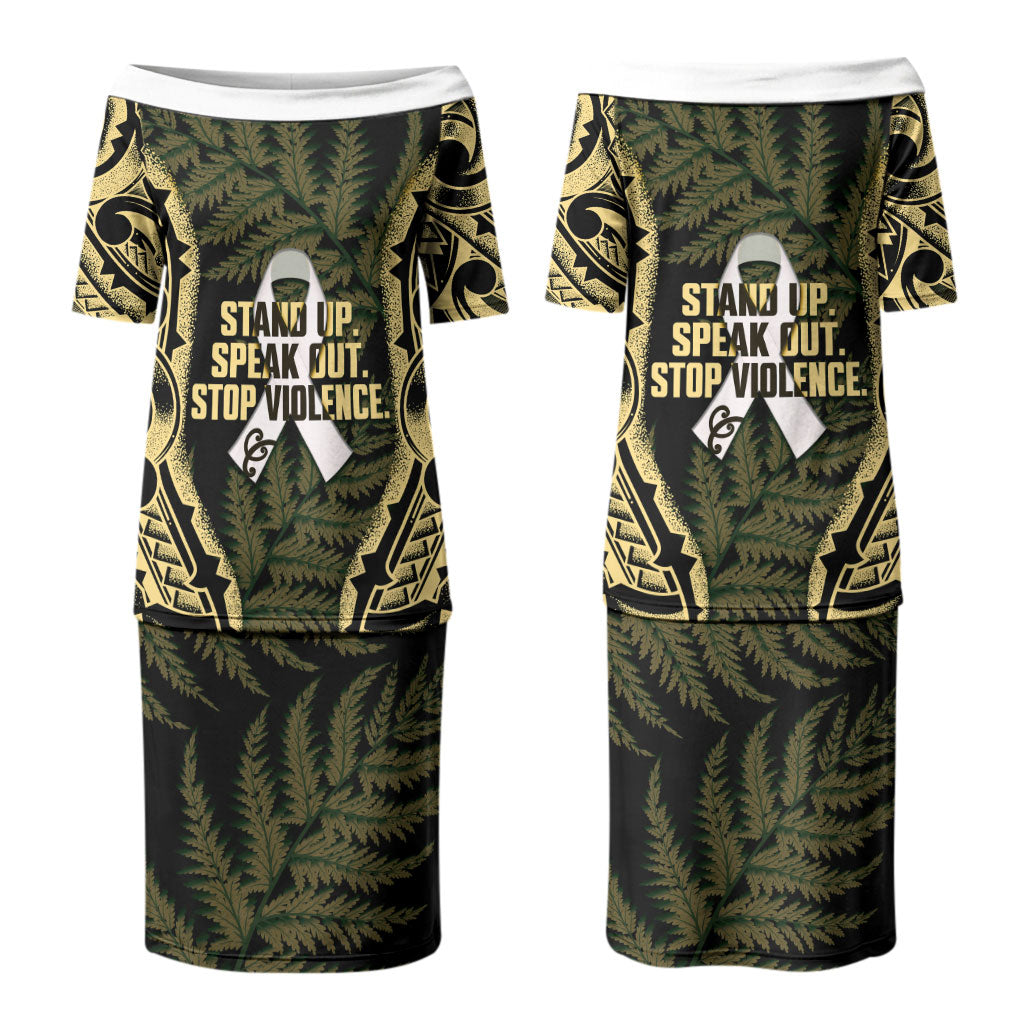White Ribbon Day New Zealand Couples Matching Puletasi and Long Sleeve Button Shirt Respect Women Maori Pattern Yellow