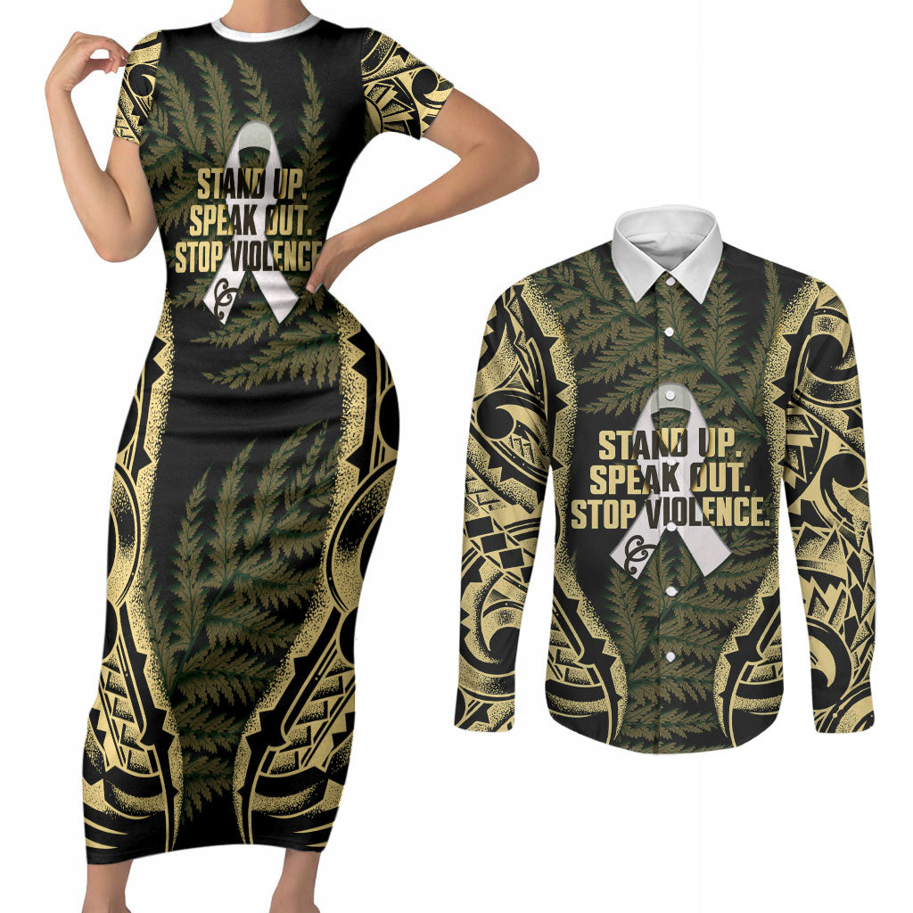 White Ribbon Day New Zealand Couples Matching Short Sleeve Bodycon Dress and Long Sleeve Button Shirt Respect Women Maori Pattern Yellow
