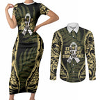 White Ribbon Day New Zealand Couples Matching Short Sleeve Bodycon Dress and Long Sleeve Button Shirt Respect Women Maori Pattern Yellow